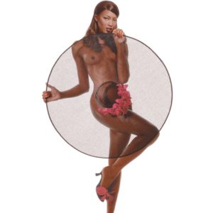 Naomi Campbell by Timothy White, the model wearing only heels, holding a giant transparent hat with red flowers in front of her body, pinup style
