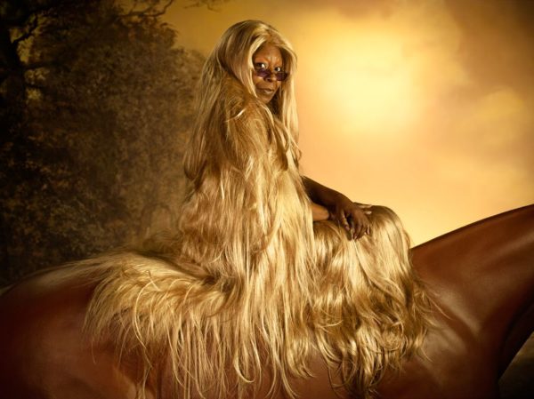 Whoopi Goldberg I by Timothy White, the actress in long blonde hair on a horse, rapunzel