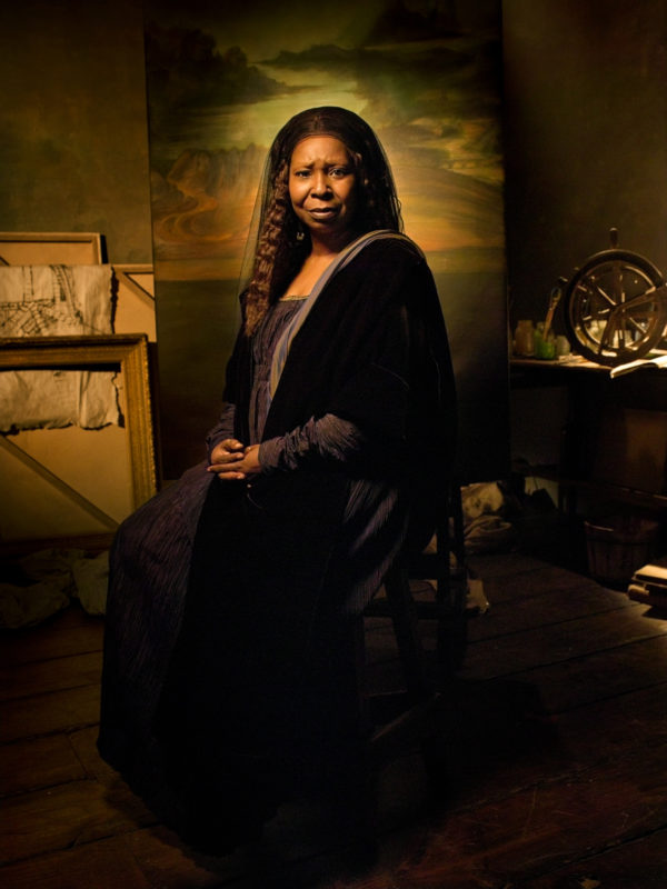 Whoopi Goldberg II by Timoth white, the actress in black dress and veil, as the Mona Lisa