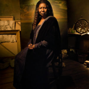 Whoopi Goldberg II by Timoth white, the actress in black dress and veil, as the Mona Lisa