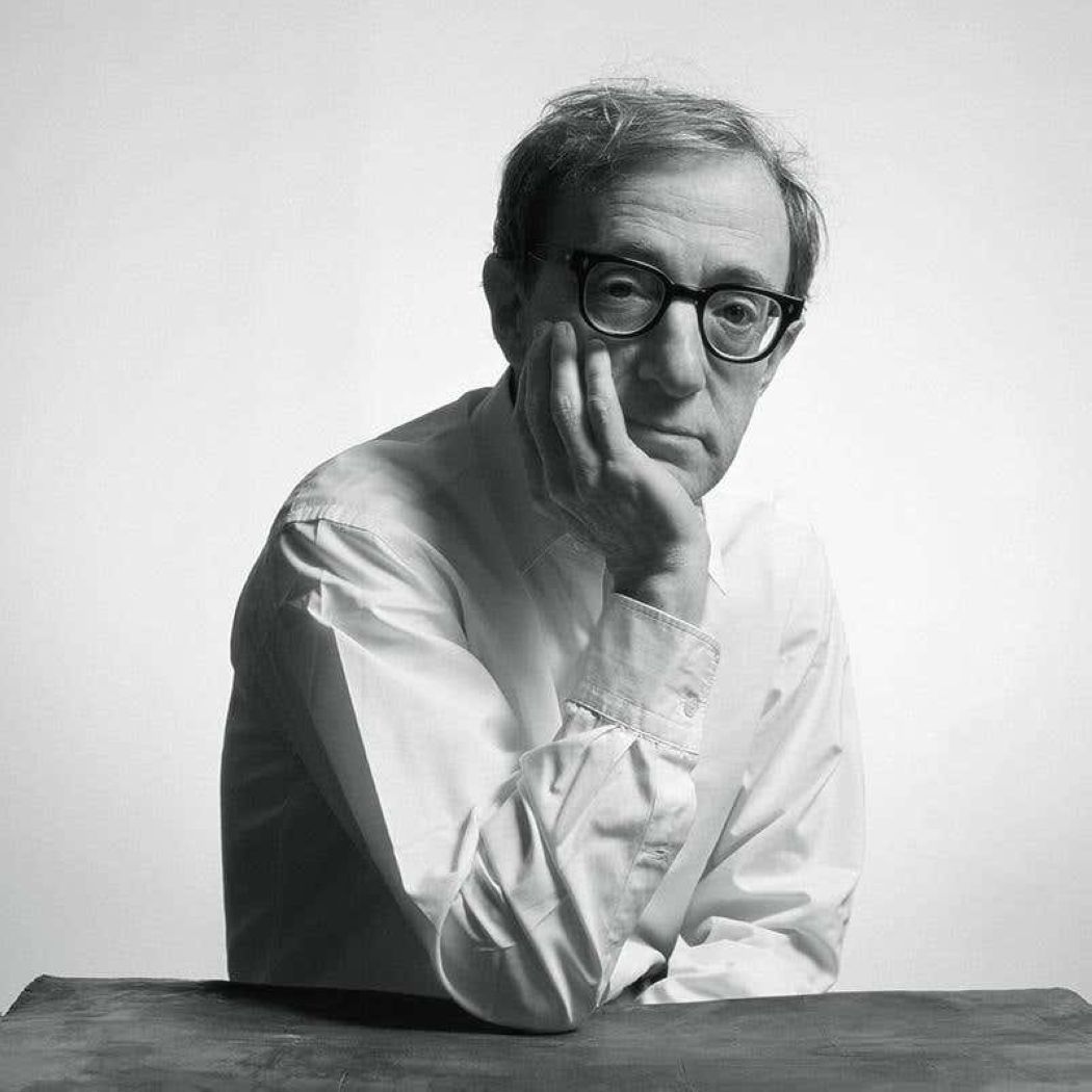 Woody Allen by Timothy White, black and white portrait of the actor in a white shirt