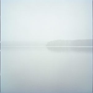 Islands I by Nigel Parry from the Landscapes Series, Island in a lake in green and blue mist
