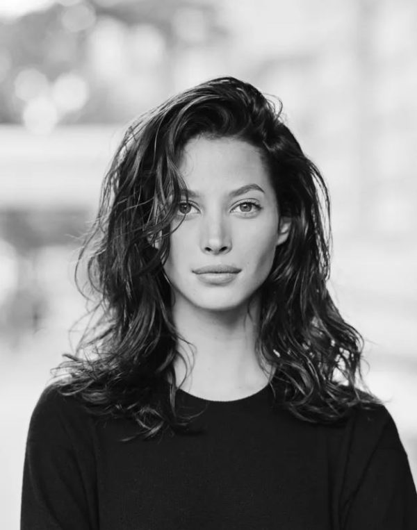 Christy Turlington Arthur Elgort, B6w portrait of the model in a black shirt and messy hair