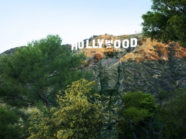 Hiding in California by Liu Bolin, hollywood hills, in front of the hollywood sign
