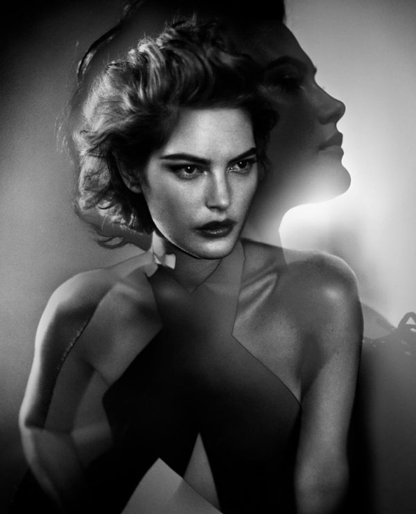 Catherine by Vincent Peters, double exposure of model in red lip and haltertop