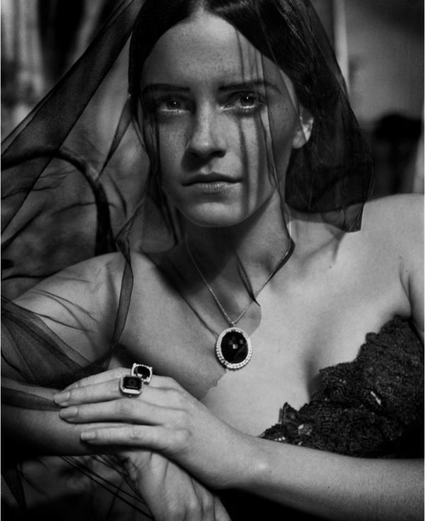Emma Watson by Vincent Peters, the actress in black veil with big necklace and rings