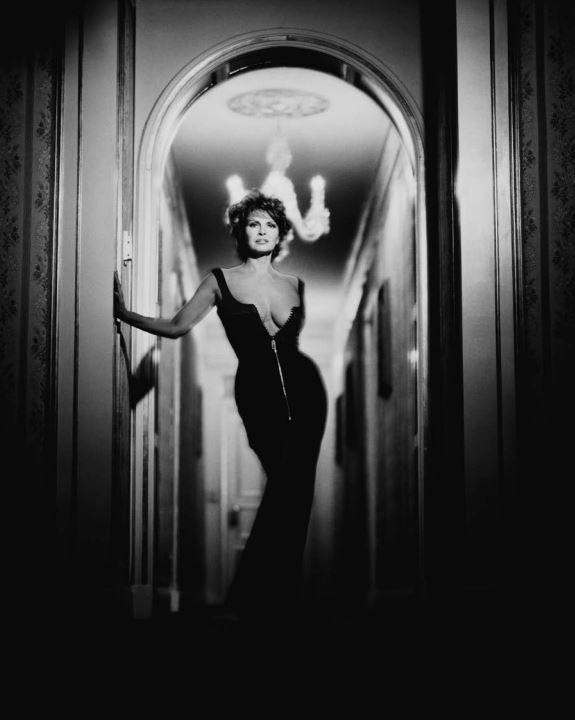 Raquel Welch by Timothy White, the actress in black, lowcut gown standing in historicist hallway