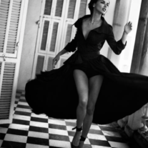 Adriana Lima by Vincent Peter, the model in black dress on checkerboard floor