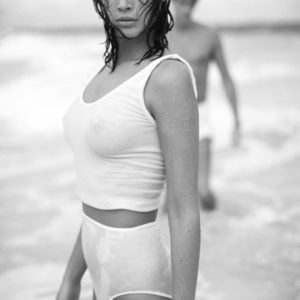 Christy Turlington, American Vogue by Arthur Elgort, the model in white underwear, wet, at the beach