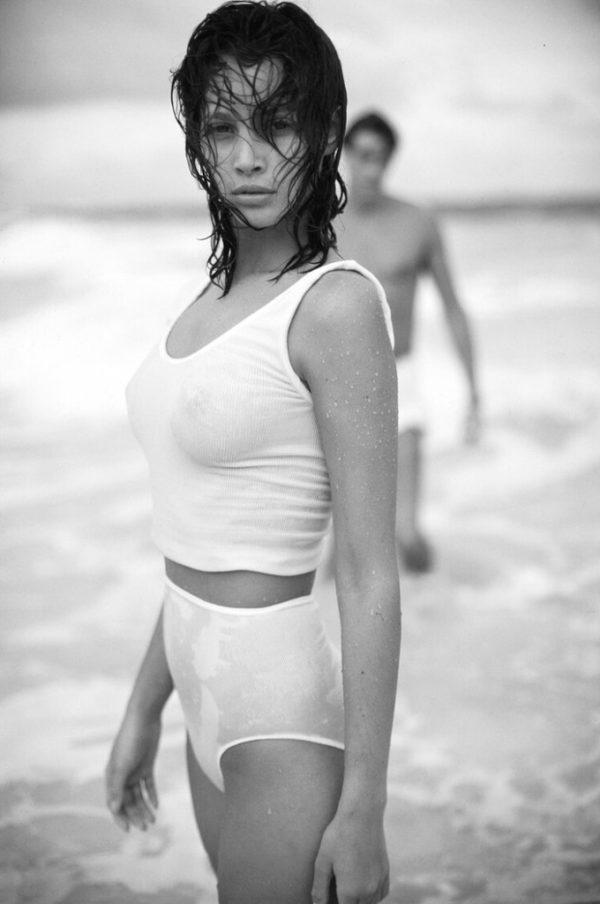 Christy Turlington, American Vogue by Arthur Elgort, the model in white underwear, wet, at the beach
