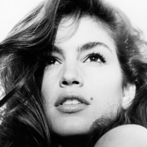 Cindy Crawford by Arthur Elgort, closeup portrait of the model in black and white