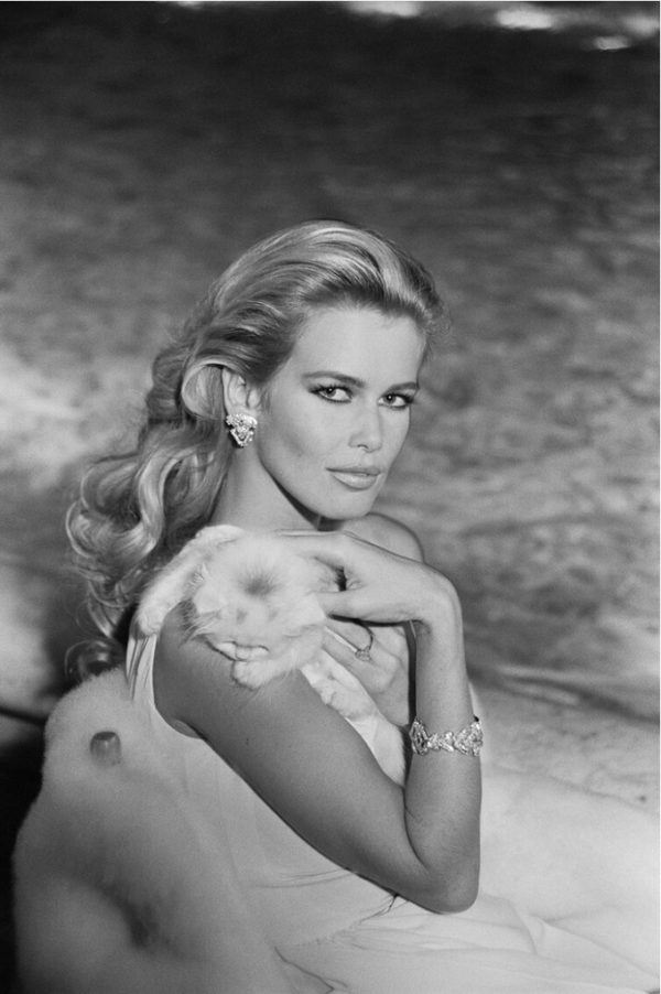 Claudia Schiffer for Valentino by Arthur Elgort, the model in white and jewelry with white kitten