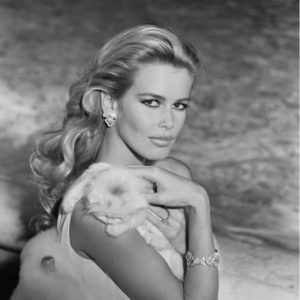 Claudia Schiffer for Valentino by Arthur Elgort, the model in white and jewelry with white kitten