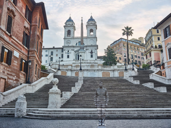 Hiding in Italy by Liu Bolin, italian cityscape with stairs and baroque church