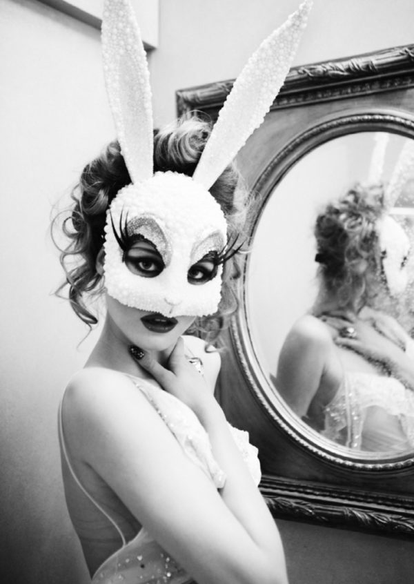Bunny by Ellen von Unwerth, model in white crystal bunnymask with mirror