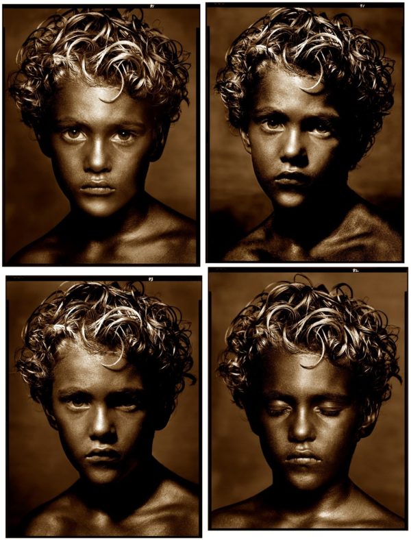 Golden boy by albert Watson, four pictures of a boy painted gold with different facial expressions