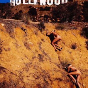 Social Climbers II by Tony Kelly, two nude women climbing up to the Hollywood sign
