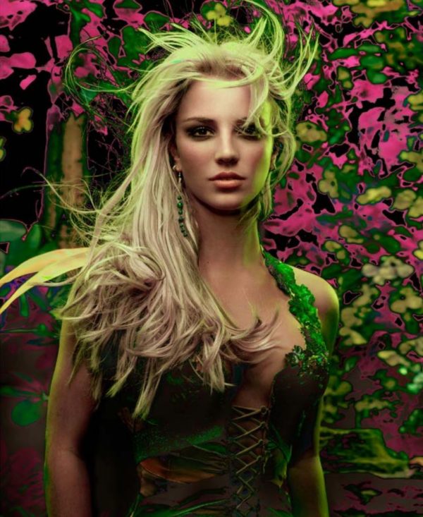 Britney Spears, the Forest by Markus Klinko, the singer with whirling hair and abstract pink and green background