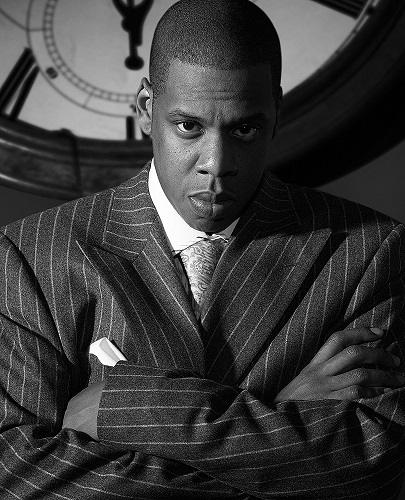 Jay Z by Markus Klinko, black and White Portrait of the Rapper in Pinstripe Suit in front of clock