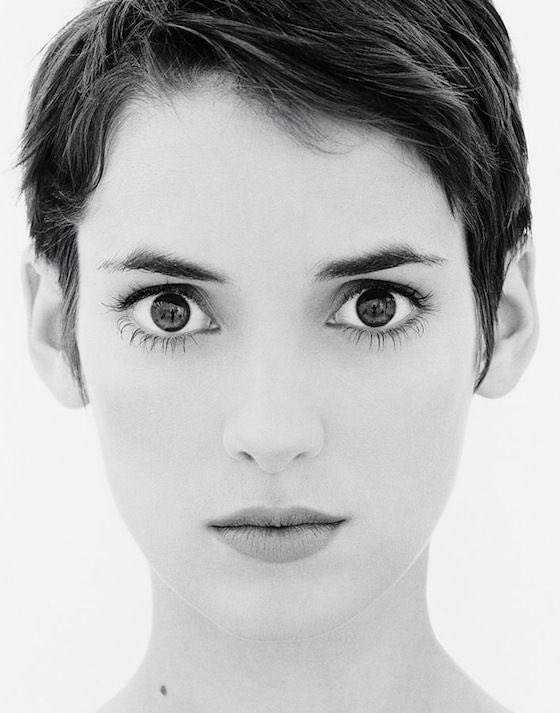 Wynona Ryder by Jesse Frohman, closeup black and white portrait of the actress with short hair