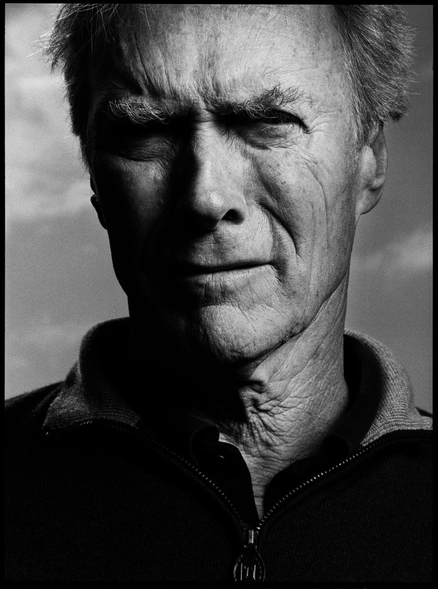 Clint Eastwood by Nigel Parry, black and white high contrast portrait of the actor