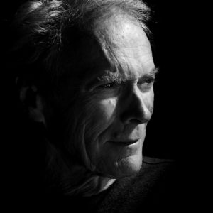 Clint Eastwood by Nigel Parry, black and white portrait of