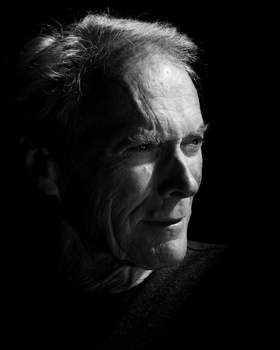 Clint Eastwood by Nigel Parry, black and white high contrast portrait of the actor