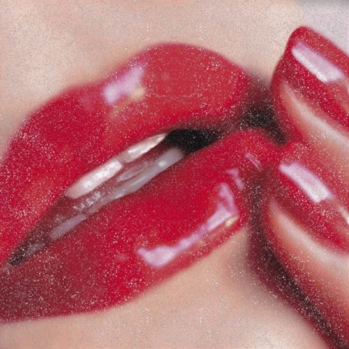 Open to love diamond dust by Guido Argentini, red lips and nails in closeup