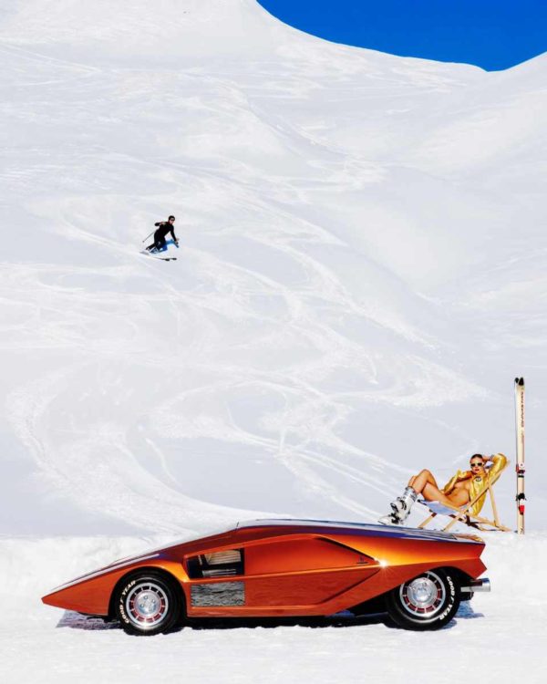 APRES! St. Moritz by Tony Kelly, fine art print showing slope, skier, model and luxury car
