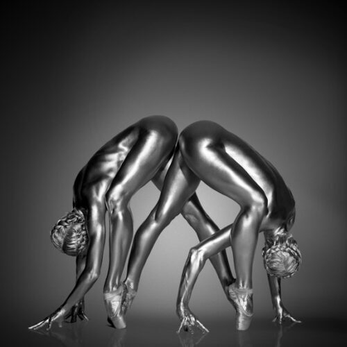 RECEIVING GUIDANCE FROM NATURE, Silver Dancers IV, Guido Argentini, Paint, Painted Bodies, silver, dancer, women, models, acrobatic, dancing, metallic, chrome, abstract, fine art photography, guido argentini photography, limited edition