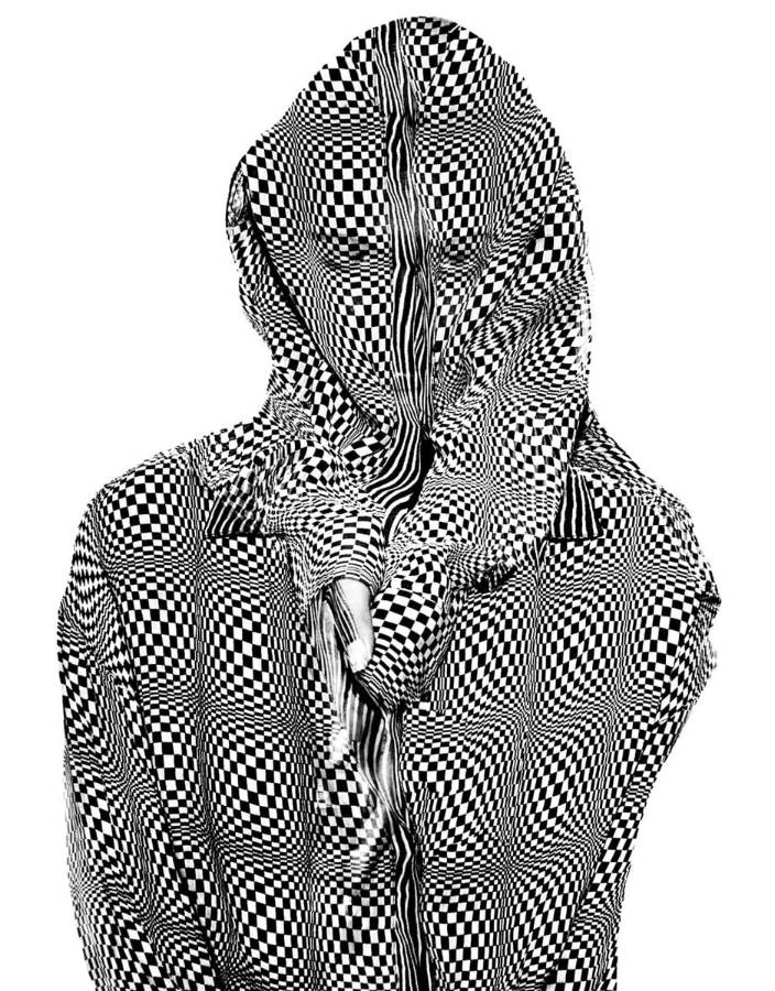 Albert Watson, Gabrielle Reece in Piero Panchetti, Los Angeles, high fashion photograph of model covered in black and white checkered fabric