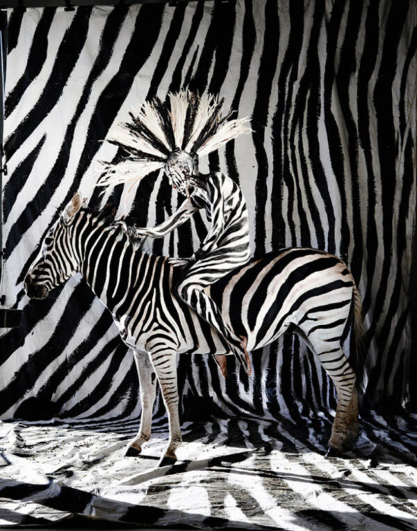 animal farm by Kristian Schuller nude in bodypaint sitting on a Zebra