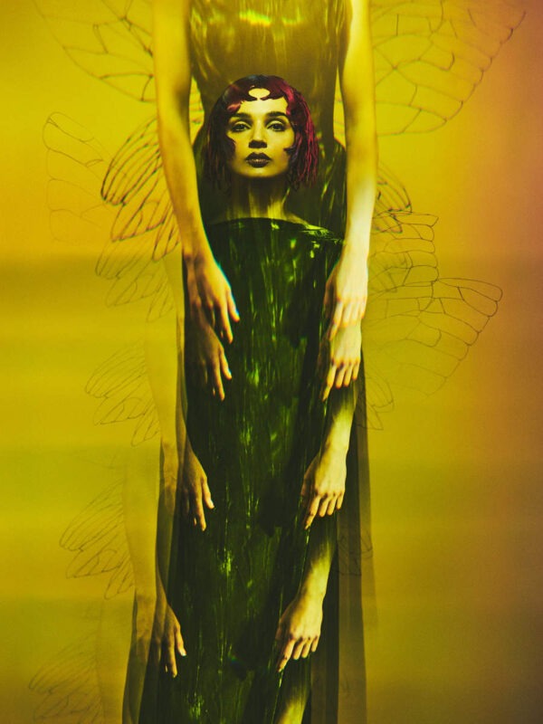 Kristian Schuller, Grazia, 2023, abstract manipulated/experimental photography green yellow fairy wings