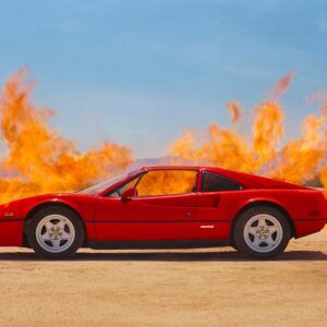 Shields, Ferrari on Fire 2022, red car burning in the desert