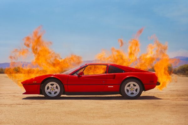 Shields, Ferrari on Fire 2022, red car burning in the desert