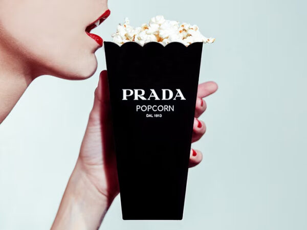 Shields, Prada Popcorn 2012, model with red lips holding a popcorn bag with the prada logo, closeup