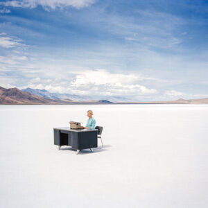 Shields, Typewriter 2018, secretary sitting in a salt desert