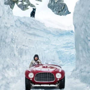 David Yarrow, Rear View Mirror, red car, snow, black wolf, Model