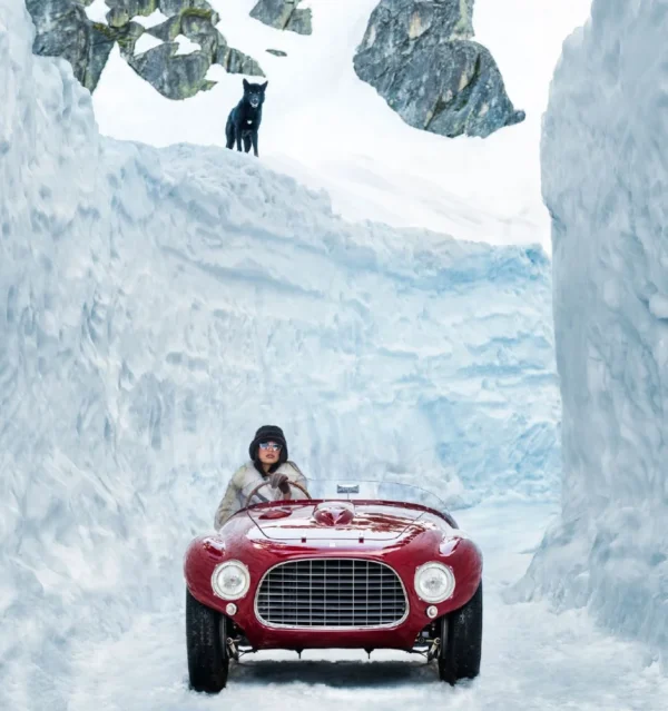 David Yarrow, Rear View Mirror, red car, snow, black wolf, Model