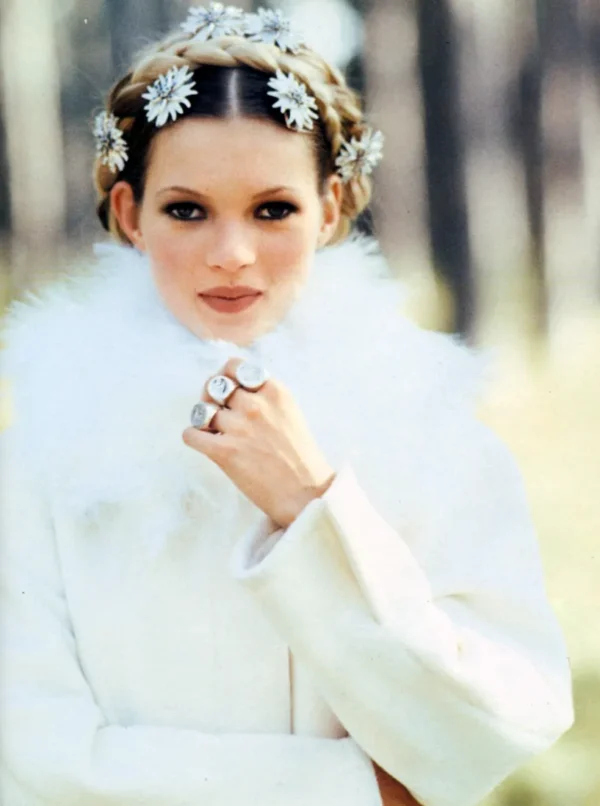 Kate Moss Vogue Italia 1992 by Arthur Elgort white fur coat and flower crown