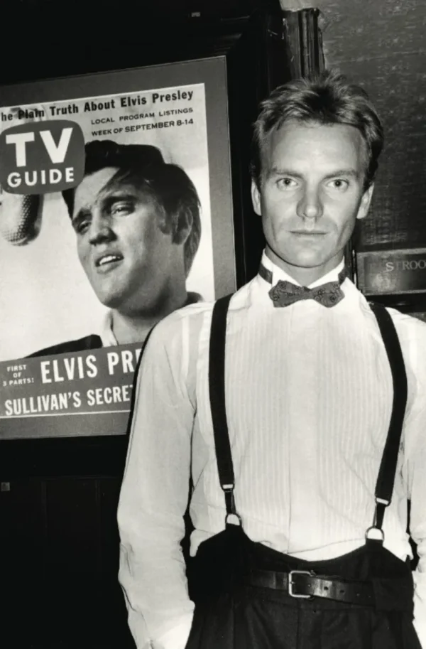 Lowit Sting NYC 1985, portrait with elvis poster