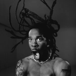 WHITE Busta Rhymes Portrait with mouth open and flying hair, topless nude