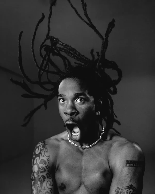 WHITE Busta Rhymes Portrait with mouth open and flying hair, topless nude