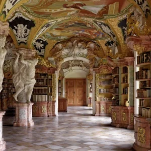 Massimo Listri, Klosterbibliothek Metten, interior, baroque, books, library, scupture