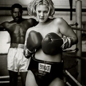 Mark Seliger, Drew Barrymore Boxing 1993, black and white topless portrait in boxing gloves