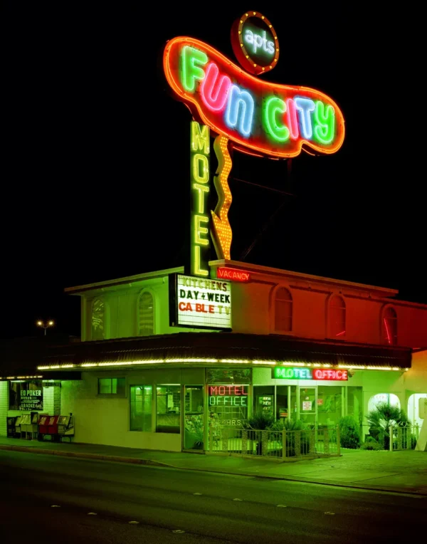 Albert Watson, Fun City, newn signs, motel, night, light, color