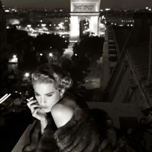 Albert Watson, Lisa Kauffmann, Paris 1986, black and white portrait with parisian city by night