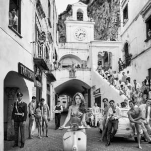 David Yarrow, Amalfi Coast, Model on a Vespa in the crowded streets of amalfis historic old town